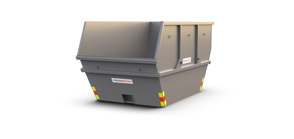 Bilde av en åpen liftcontainer, farge grå, fra Nordcon