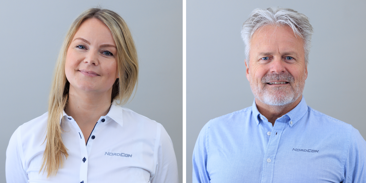Bildet viser en mann og en kvinne som jobber hos Nordcon med komprimerende utstyr